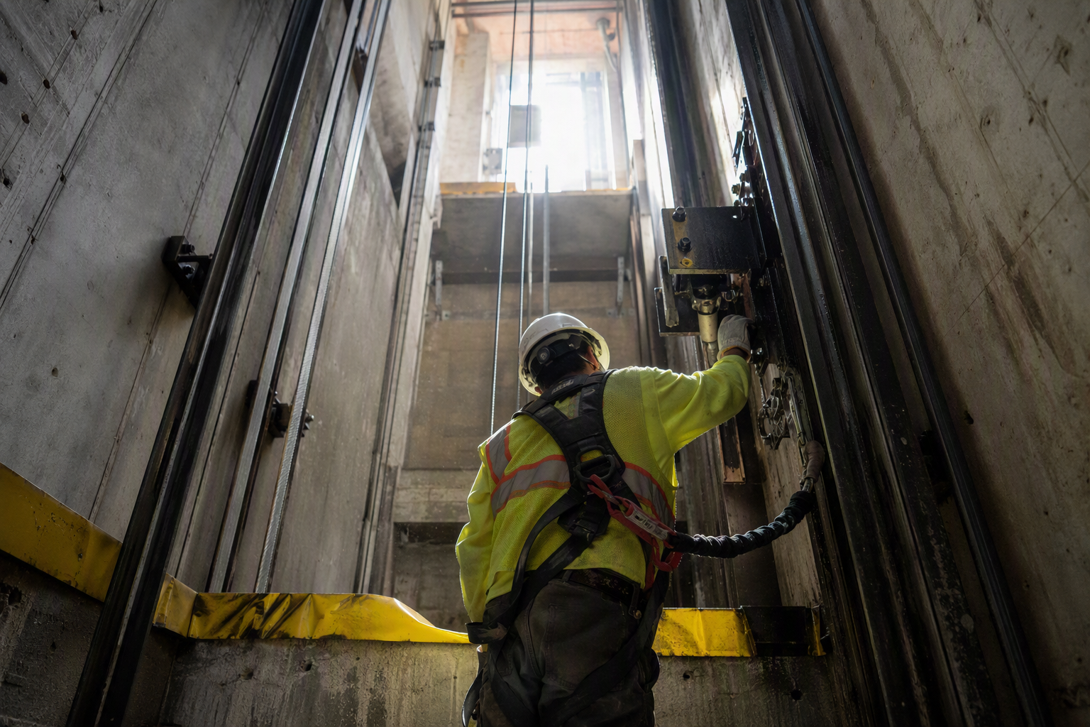 Elevator technician in fall-arrest harness inspecting a hoistway door interlock — worker injuries account for roughly 50 percent of fatal elevator accident statistics in the U.S.