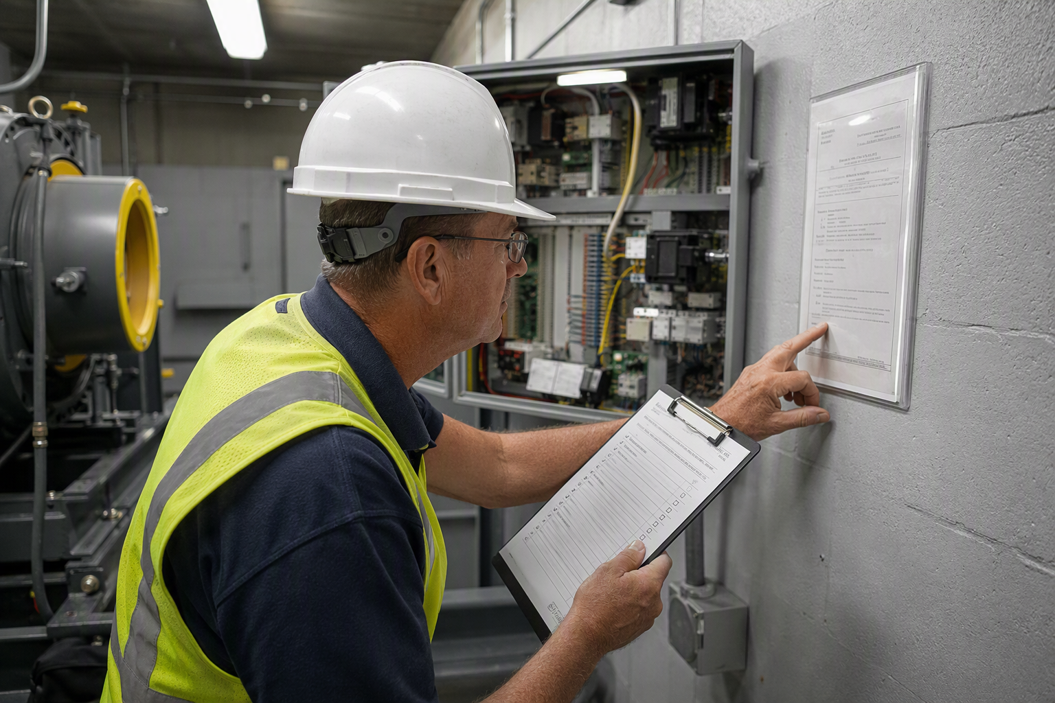 Florida Mandatory Elevator Inspection Licensed elevator inspector reviewing certificate of operation and controller in a Florida elevator machine room during mandatory state inspection under Chapter 399 Florida Statutes