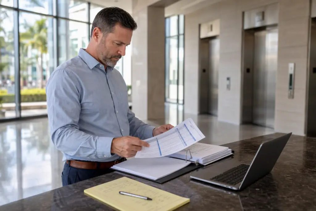 Property manager reviewing elevator maintenance and repair budget spreadsheet in a Florida commercial building lobby with stainless-steel elevator doors visible in background