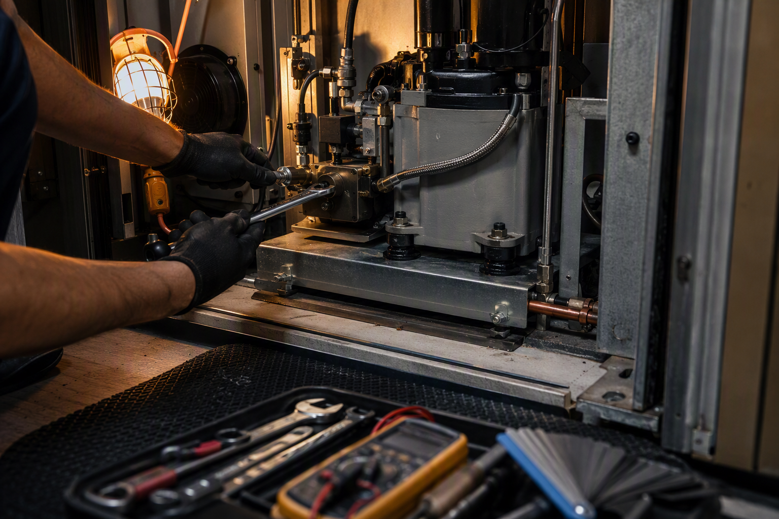 Hydraulic Elevator Preventive Maintenance Elevator technician servicing hydraulic pump unit during preventive maintenance visit — a key cost in annual elevator repair and maintenance budgeting for property managers