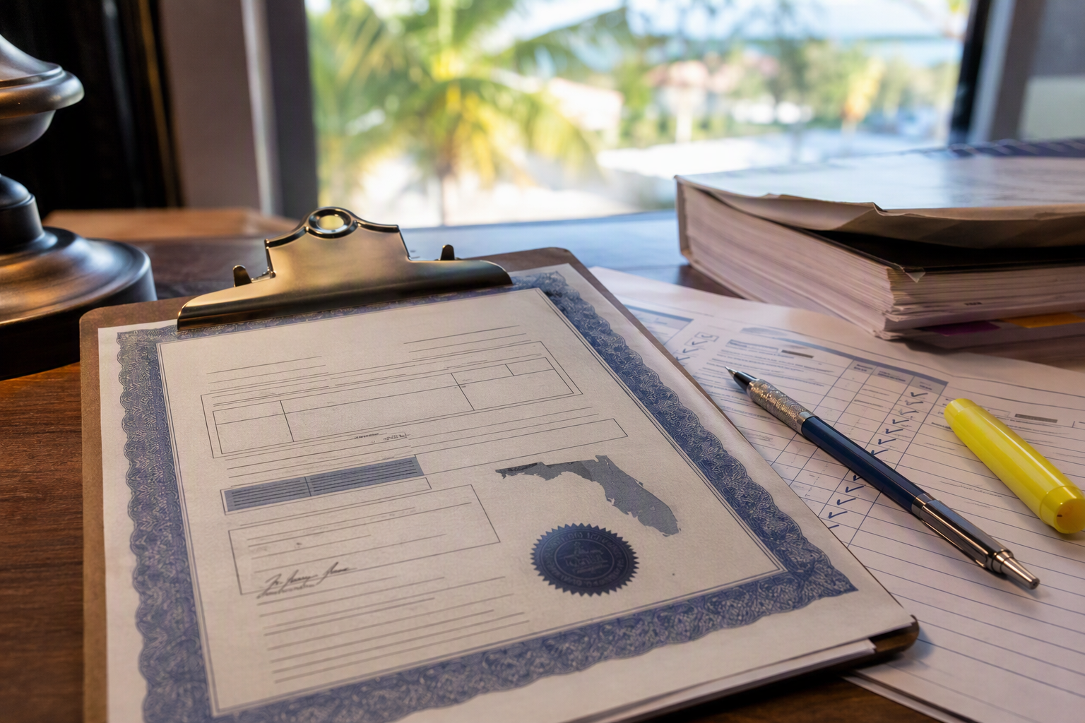 Elevator inspection certificate and ASME A17.1 compliance checklist on a facility manager's desk, representing code-compliance cost drivers in a Florida healthcare elevator capital plan.