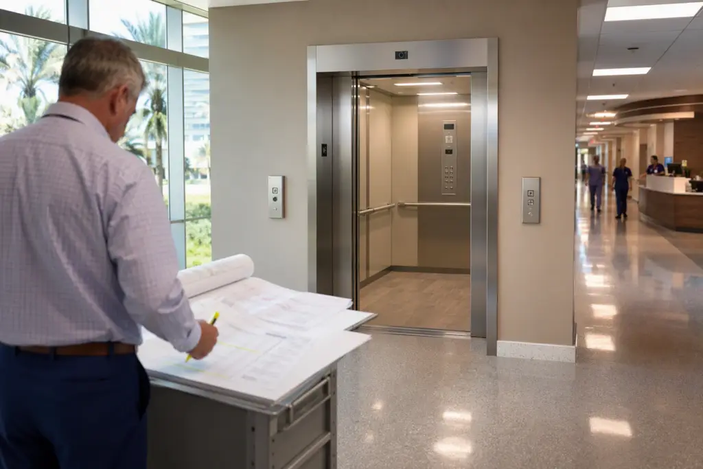 Hospital facility director reviewing 2027 elevator repair and maintenance capital plan documents in front of stainless-steel healthcare elevator doors in a Florida medical center corridor.