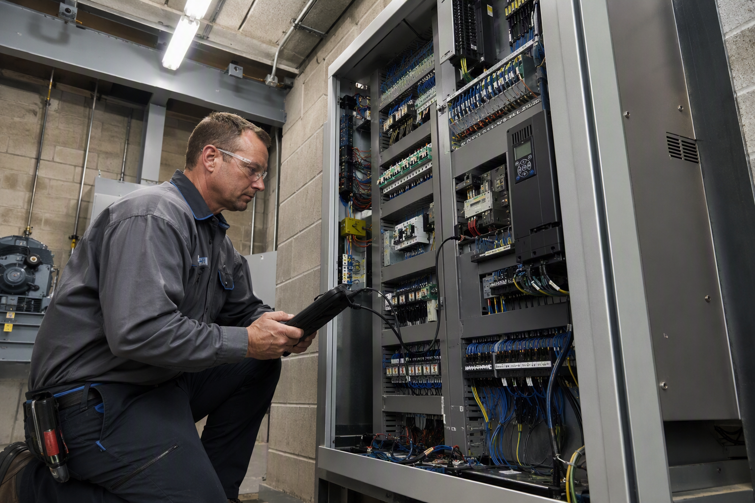 Elevator mechanic using a diagnostic tablet to inspect a hospital elevator machine-room controller in Florida, a key step in assessing repair and maintenance costs for a 2027 capital plan.