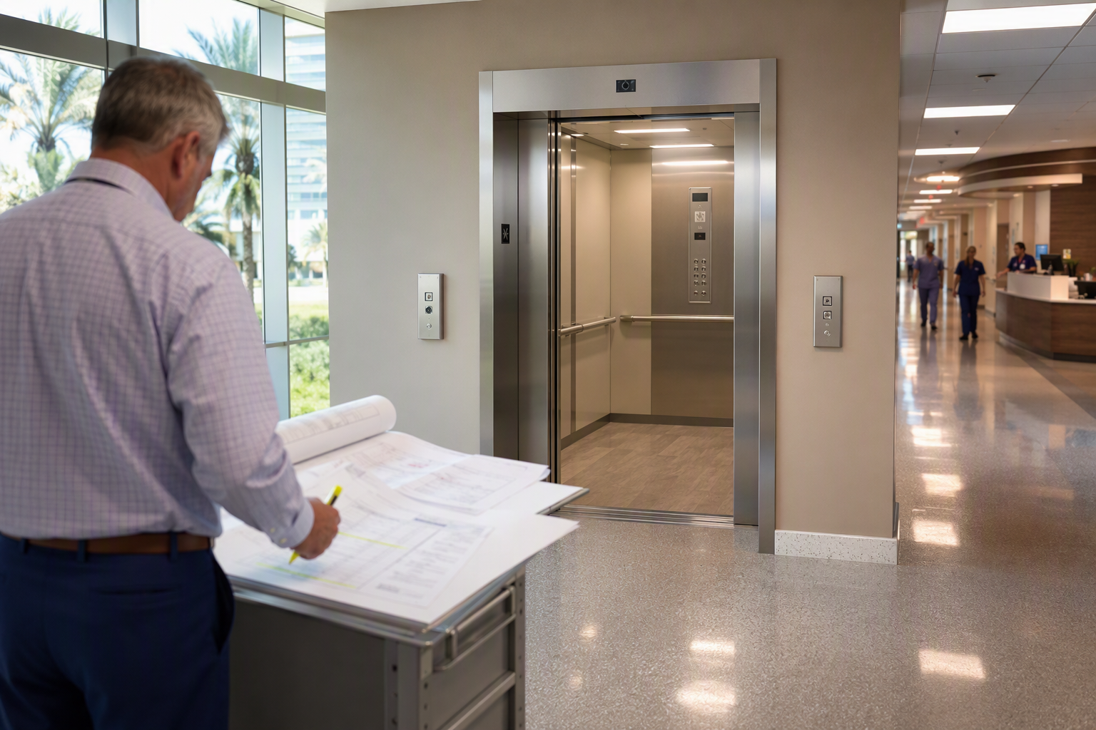 Hospital facility director reviewing 2027 elevator repair and maintenance capital plan documents in front of stainless-steel healthcare elevator doors in a Florida medical center corridor.