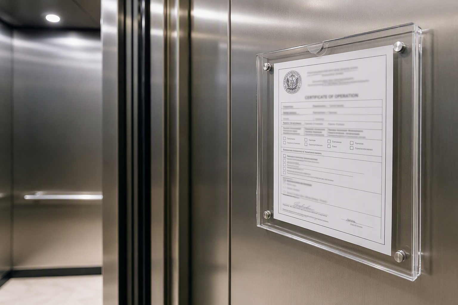 Elevator certificate of operation posted inside a Florida apartment building cab, required under Florida DBPR elevator safety regulations for multifamily properties.