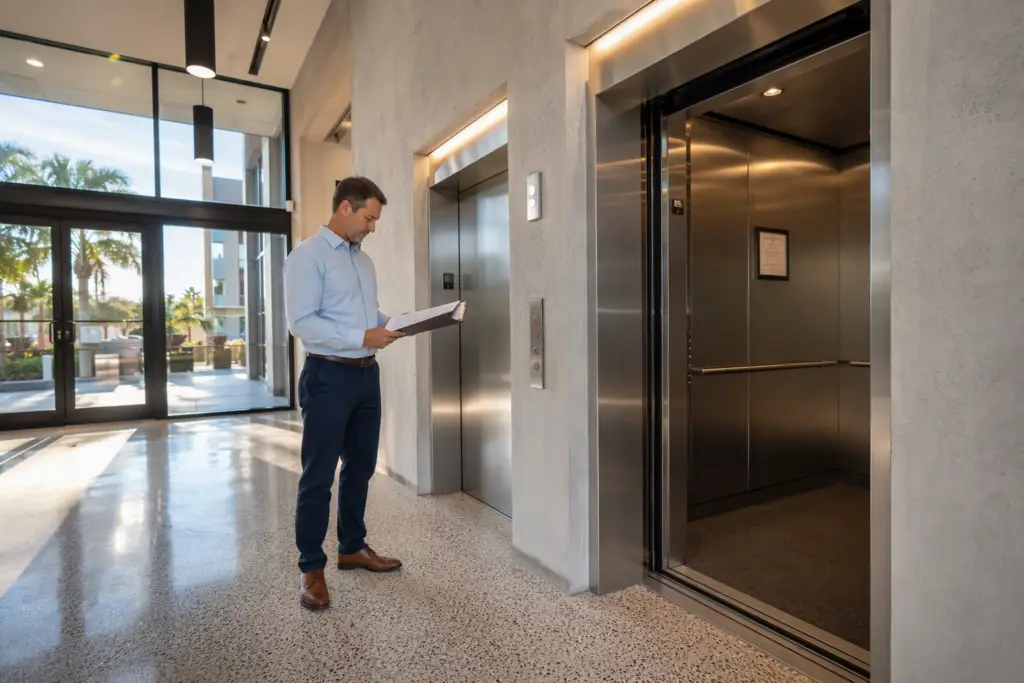Property manager reviewing elevator inspection compliance documents in a modern Florida apartment building lobby, stainless-steel elevator doors visible, certificate of operation posted inside cab.