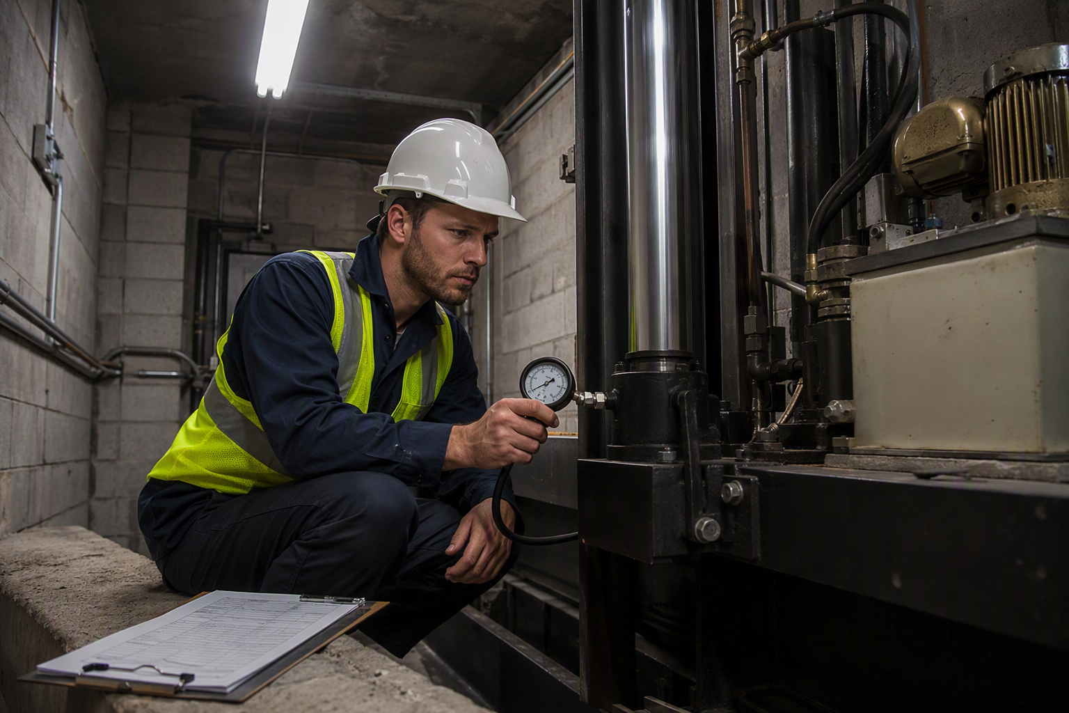 Licensed elevator inspector performing a Category 1 hydraulic test in the machine room of a Florida apartment building, checking equipment against ASME A17.1 periodic inspection requirements.