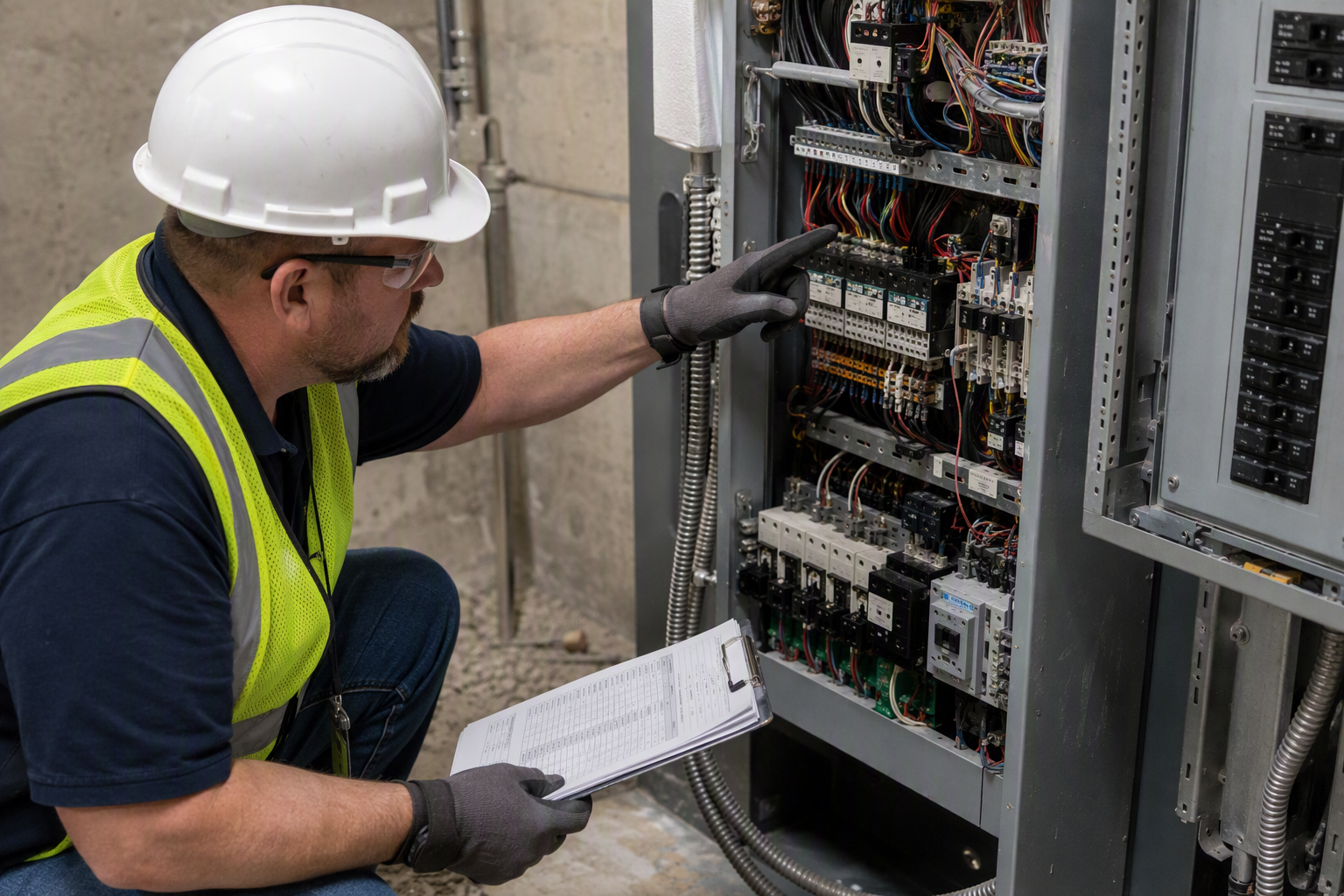 Licensed elevator inspector reviewing controller cabinet inside a Florida school building machine room during a periodic DBPR safety inspection