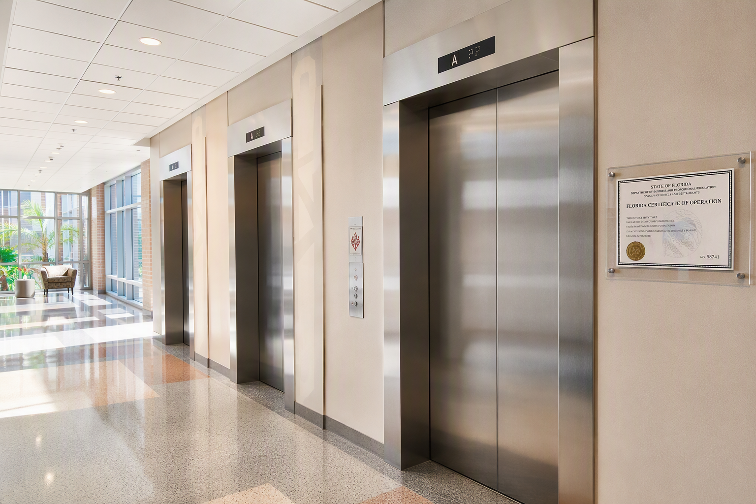 Florida university elevator bank with stainless-steel doors, ADA controls, and a DBPR certificate of operation posted in the corridor hallway