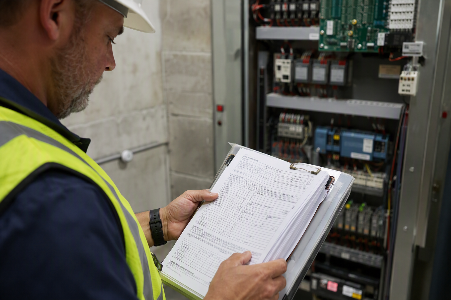 Florida-licensed elevator inspector reviewing ASME A17.1 and DBPR compliance documentation beside a machine-room controller in a senior living facility