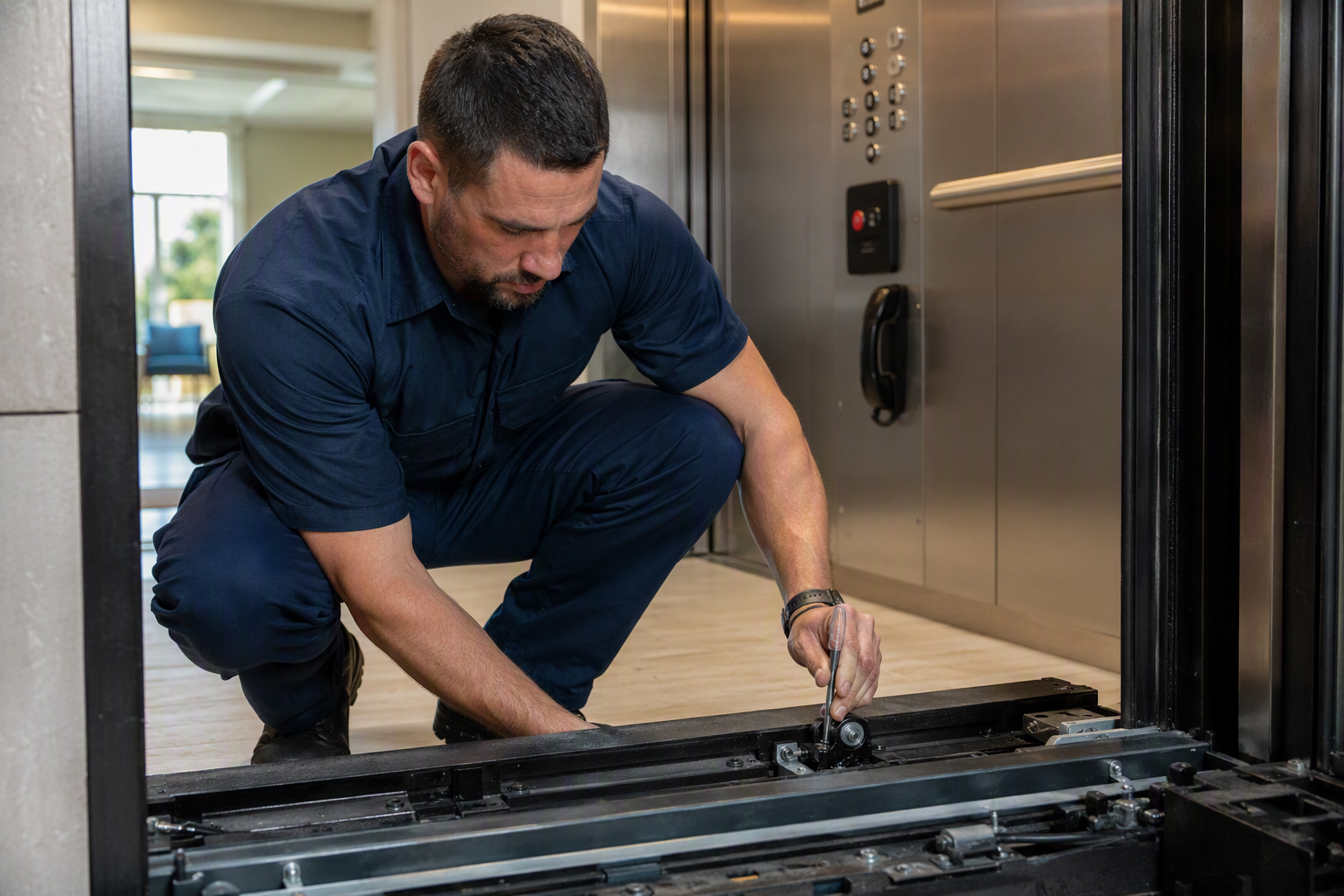 Elevator maintenance technician servicing a door operator in an ADA-compliant elevator cab at a Sarasota Florida assisted living facility during a preventive maintenance visit
