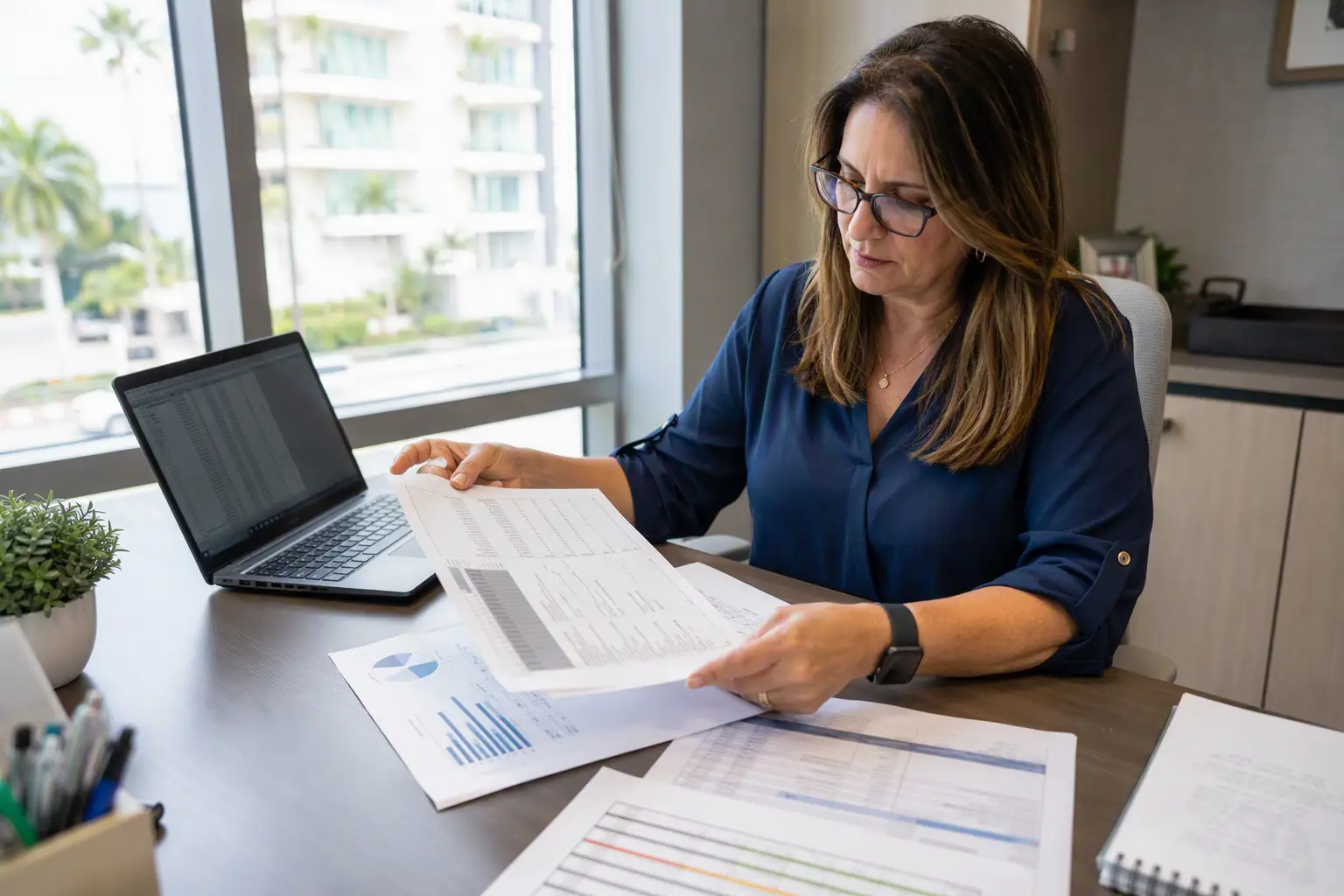 Building Manager Reviewing Elevator Replacement Decision Building manager in a Florida office reviewing elevator component service life charts and modernization cost proposals to determine when replacement is more cost-effective than repair.