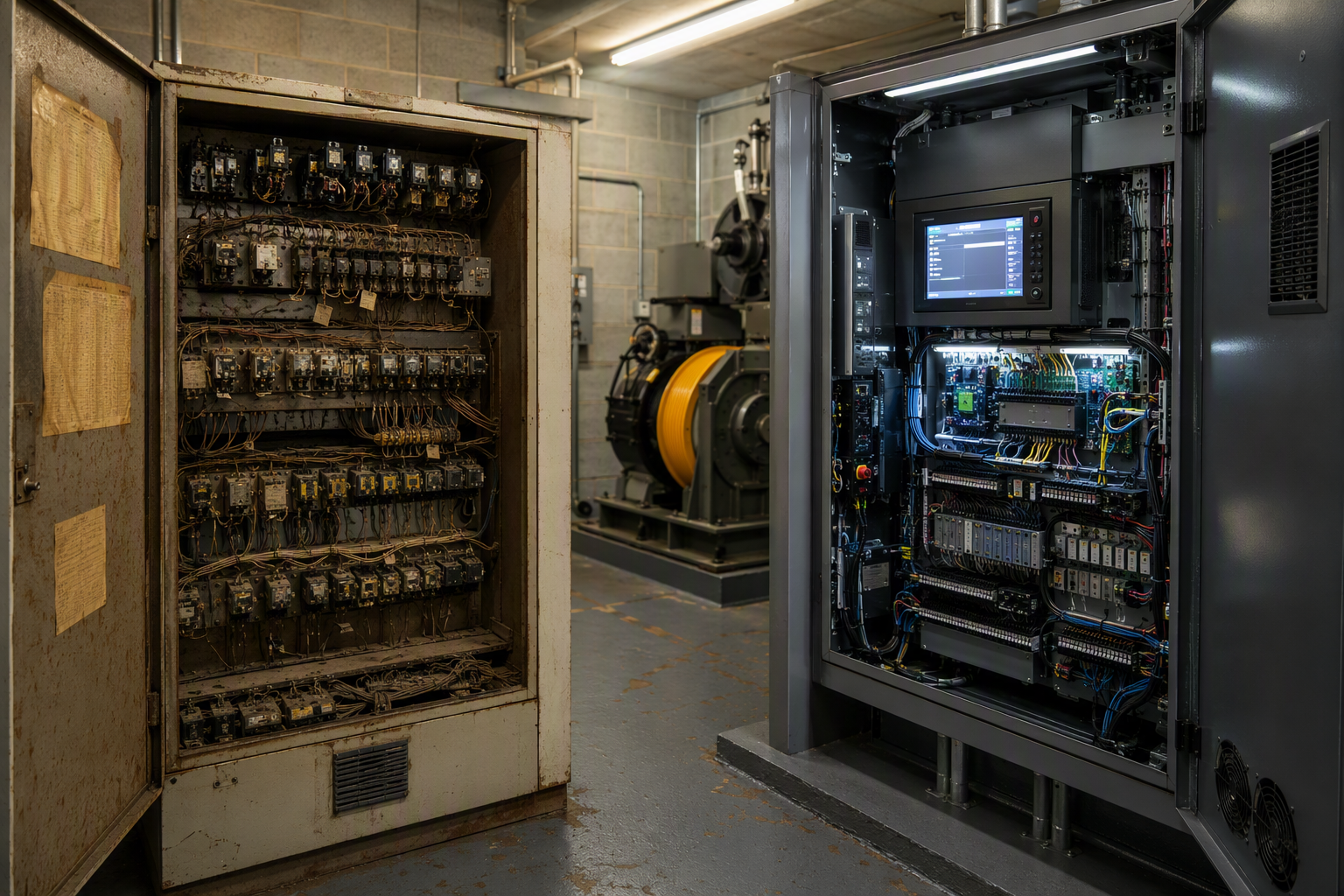 Obsolete vs. Modern Elevator Controller Old relay-logic elevator controller cabinet next to a modern solid-state replacement panel in a Florida machine room, illustrating when elevator components are too old to repair.