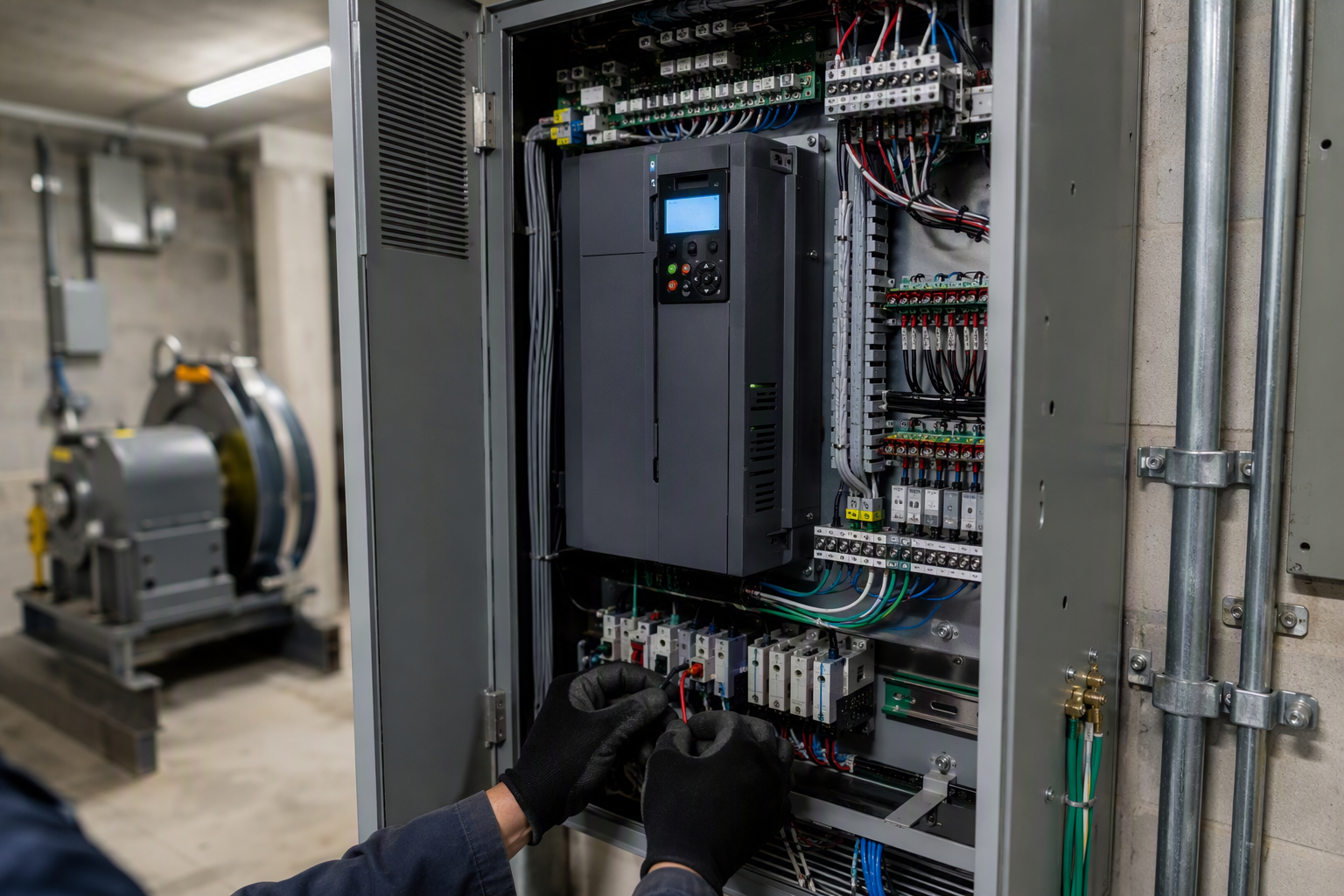 Elevator machine room controller replacement during a modernization project in Florida, showing new solid-state controls and organized wiring — a primary cost driver for elevator modernization in 2026