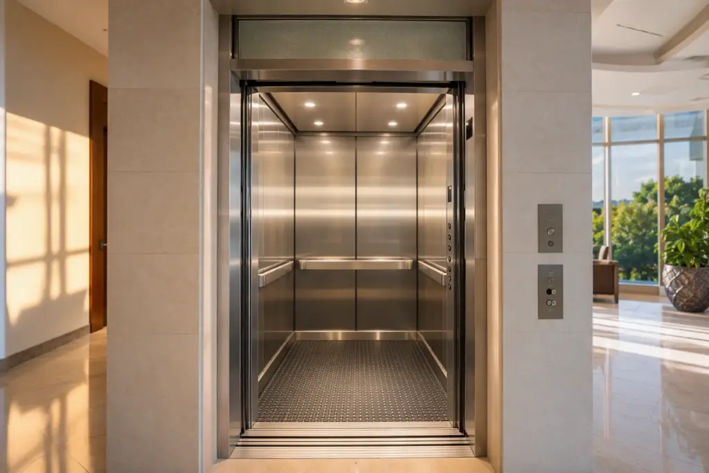 Modernized elevator cab interior in a Florida commercial building showing new LED lighting, brushed stainless walls, and updated fixtures — typical of 2026 elevator modernization projects in Pompano B