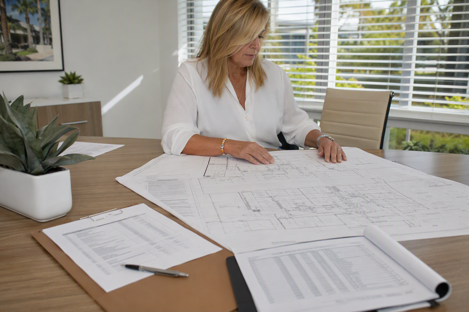 Property manager reviewing elevator modernization cost estimate and permit drawings at a Florida building management office, illustrating the planning process for a 2026 modernization project