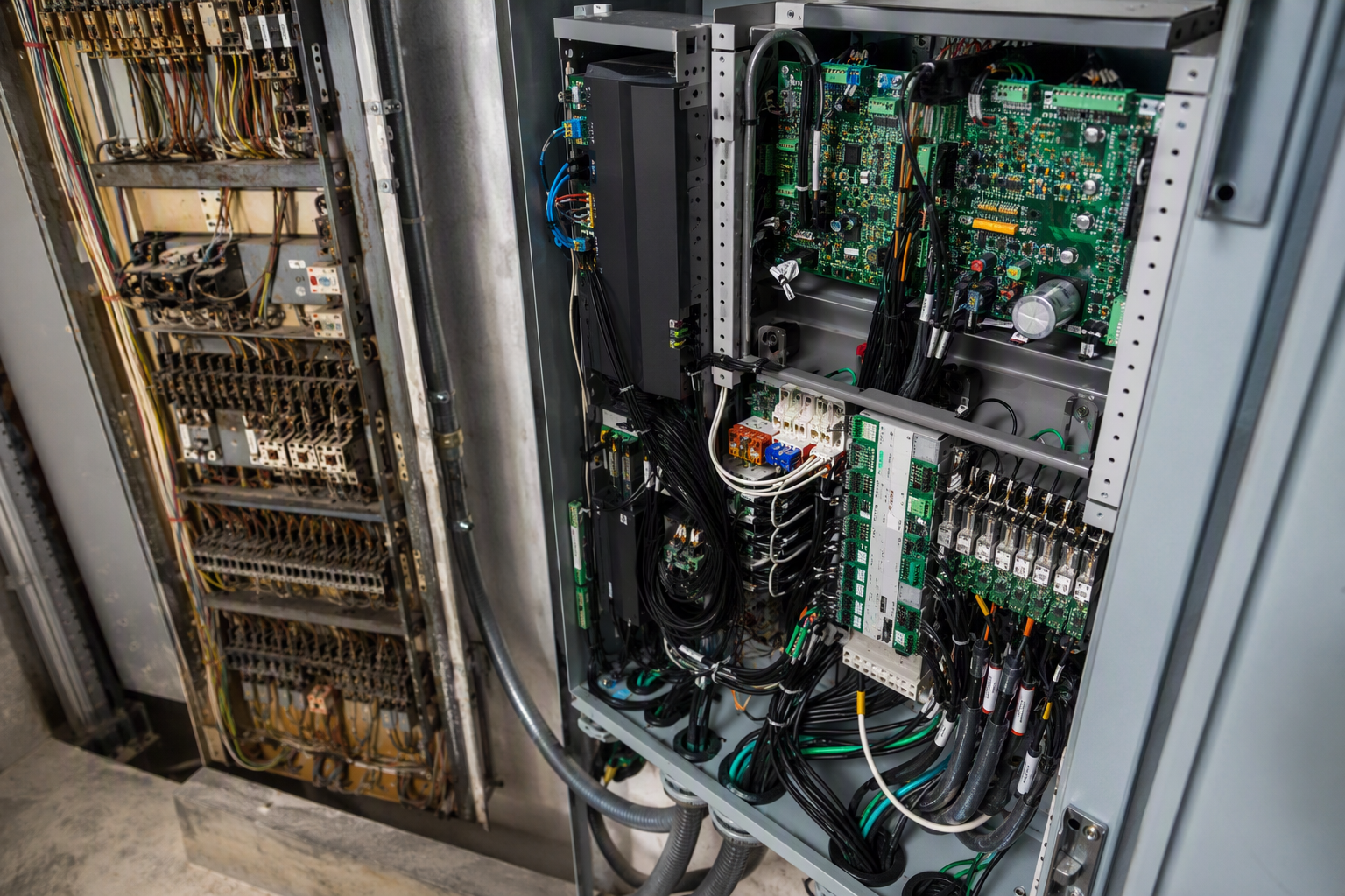 Open elevator machine-room controller cabinet showing a new VVVF variable-frequency drive unit beside an older relay panel during a Florida elevator modernization project