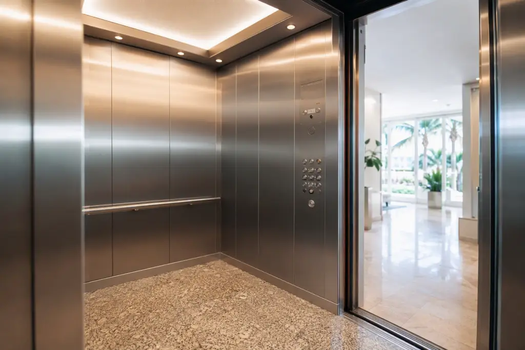 Freshly modernized elevator cab interior in a Florida mid-rise building, showing new stainless panels, LED lighting, and ADA-compliant controls after a full modernization project