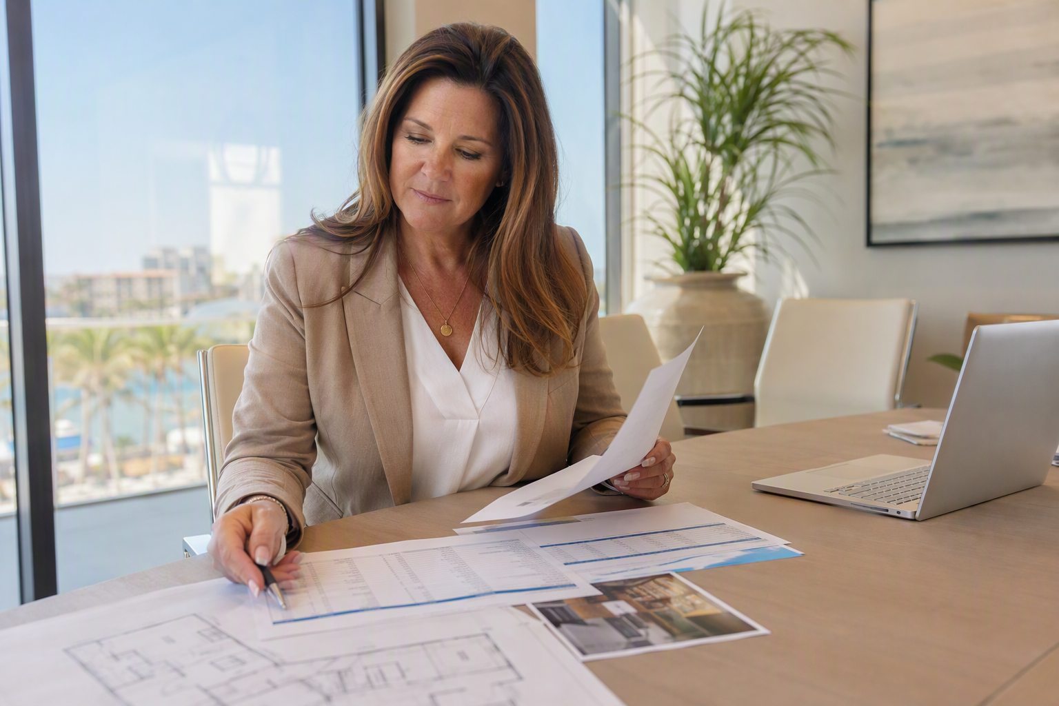 Florida building property manager reviewing elevator modernization cost proposals and compliance documents at a conference table in a Sarasota-area property management office