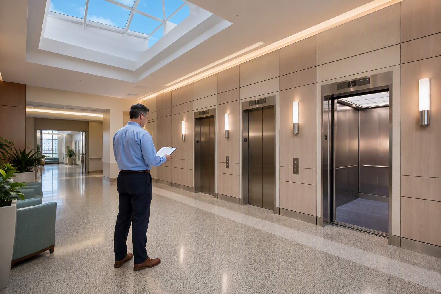 Hospital elevator lobby in Florida showing modernized stainless-steel elevator doors and a facility manager reviewing elevator modernization ROI statistics on a clipboard