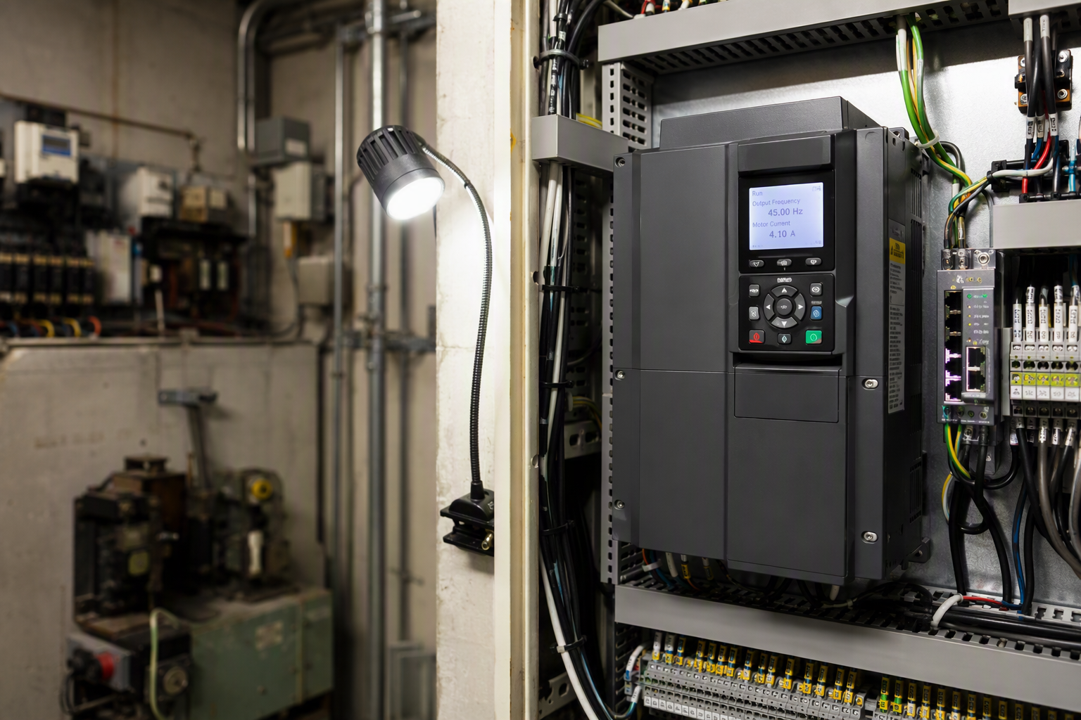 Modern variable-frequency drive VFD controller installed in a Florida hospital elevator machine room, illustrating energy savings and reduced maintenance costs from elevator modernization