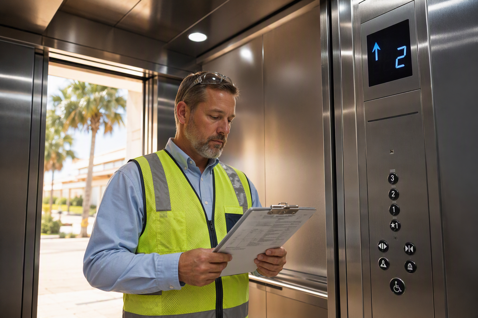 Elevator inspector reviewing ASME A17.1 compliance documentation inside a modernized hospital elevator cab in Florida, supporting healthcare facility code compliance requirements