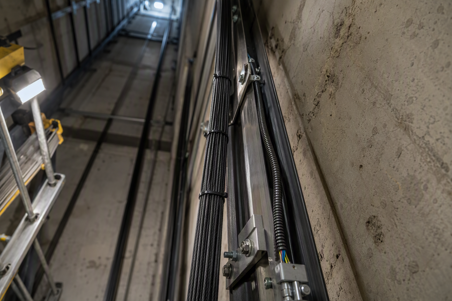 Inside elevator hoistway during full modernization showing new traveling cable, wiring harness, and updated guide rail hardware in a Florida residential building