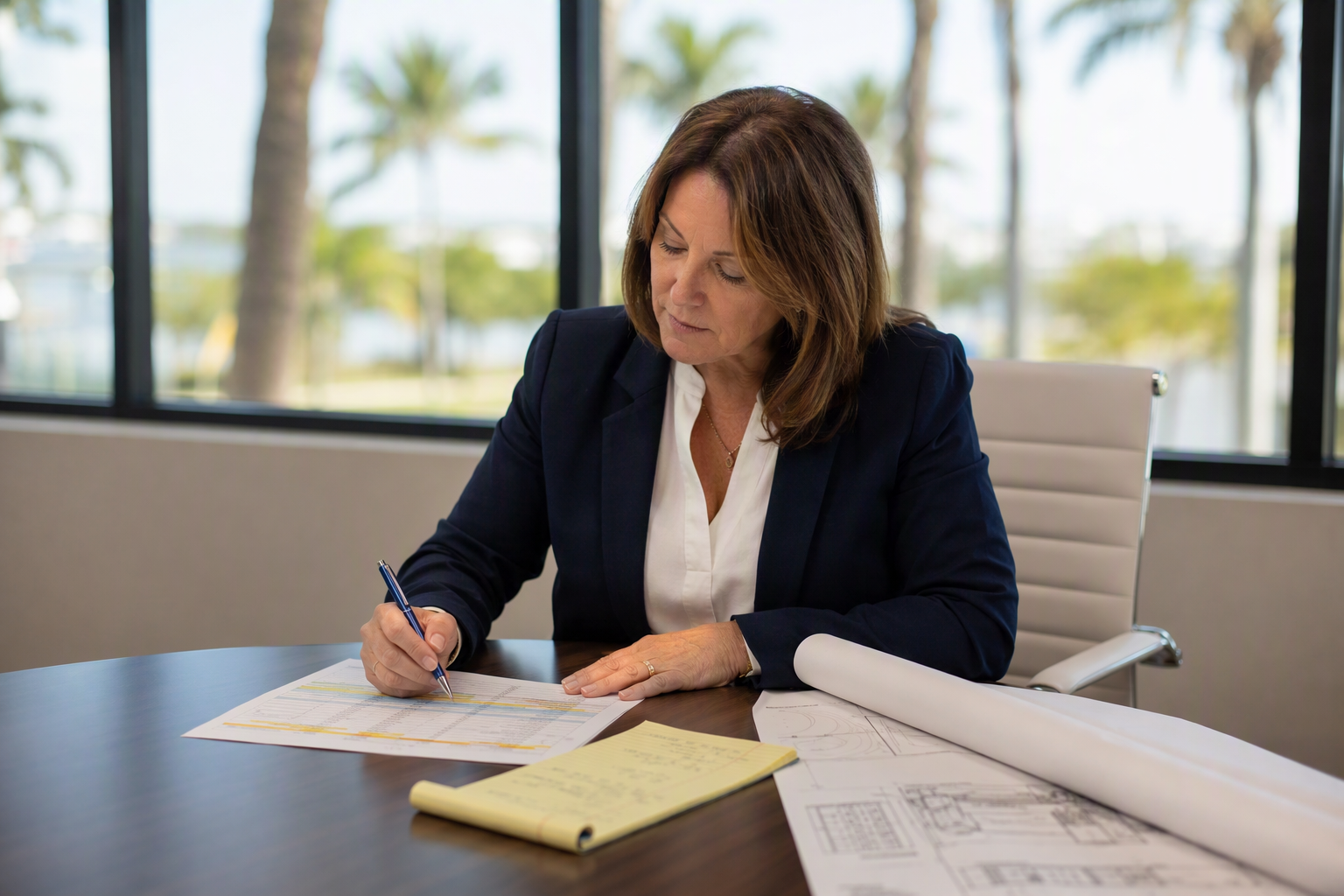 Florida building property manager reviewing elevator modernization phased schedule and downtime plan at a conference table to minimize loss of elevator service during the project