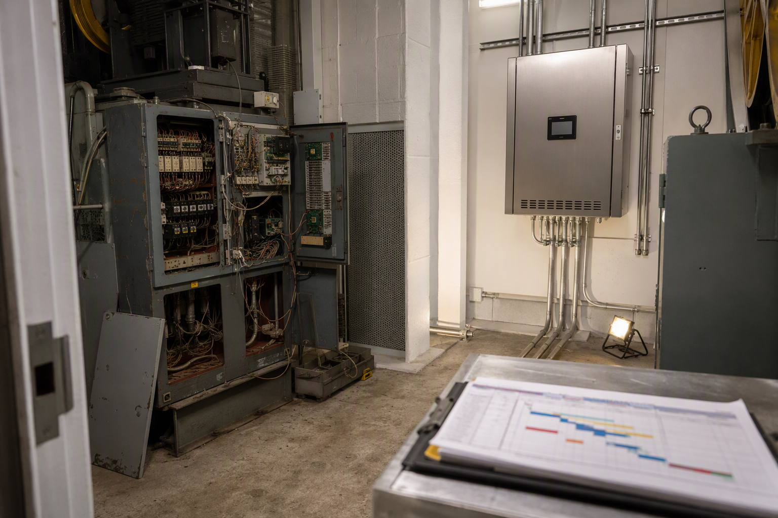 Elevator machine room mid-modernization showing old relay controller alongside new solid-state controller, illustrating full elevator modernization project timeline and scope in Florida