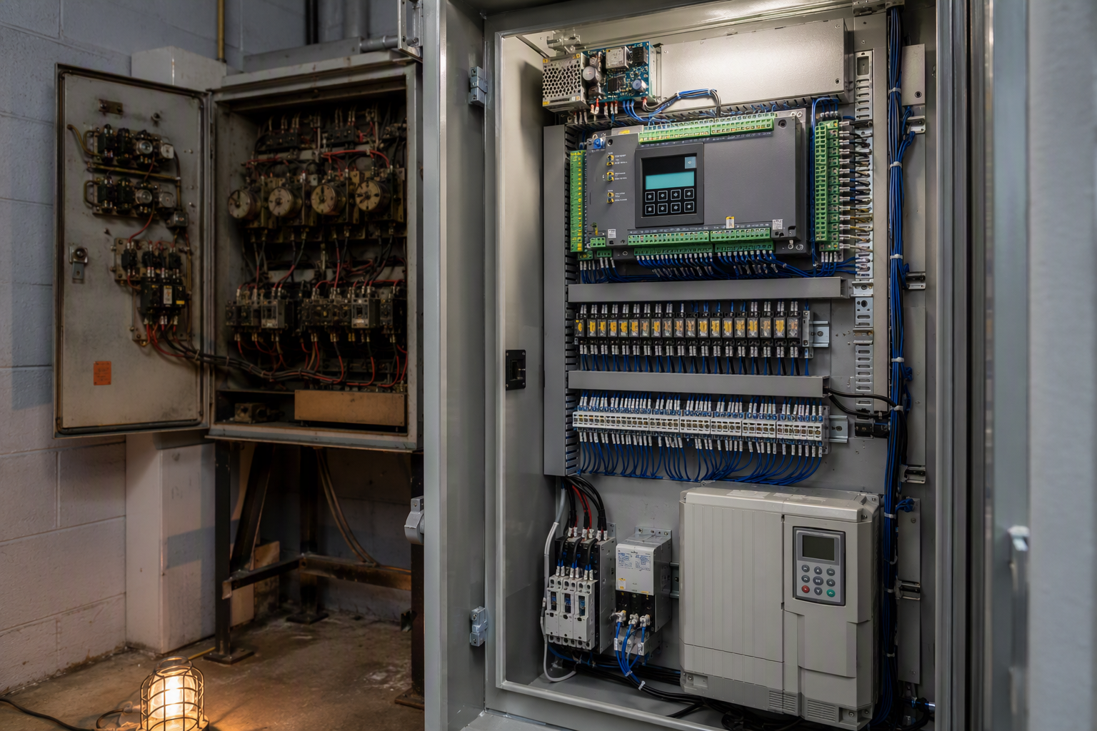Side-by-side comparison of an old relay-logic elevator controller and a new solid-state replacement controller inside a Florida building machine room during a modernization upgrade.