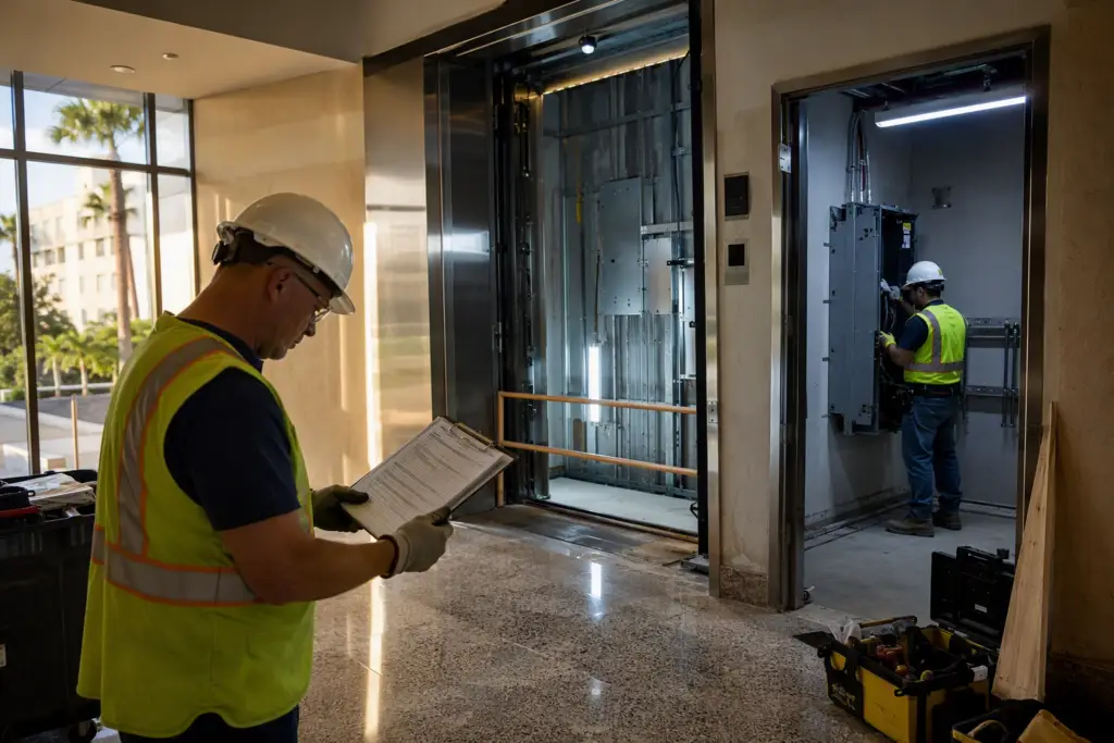 Elevator modernization project in a Sarasota Florida condominium lobby showing technicians replacing the controller and cab during planned building downtime, approximately 2–8 weeks per unit.