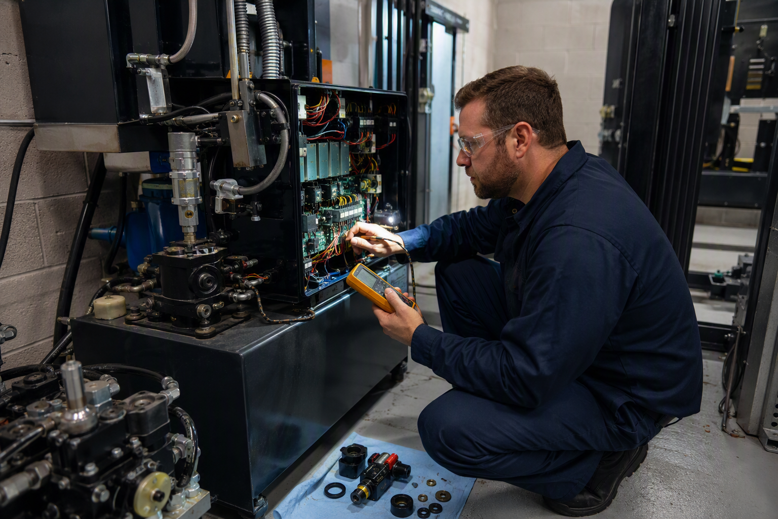 Elevator technician diagnosing hydraulic control unit components in a Florida building machine room, a key factor in elevator repair duration and parts availability timelines