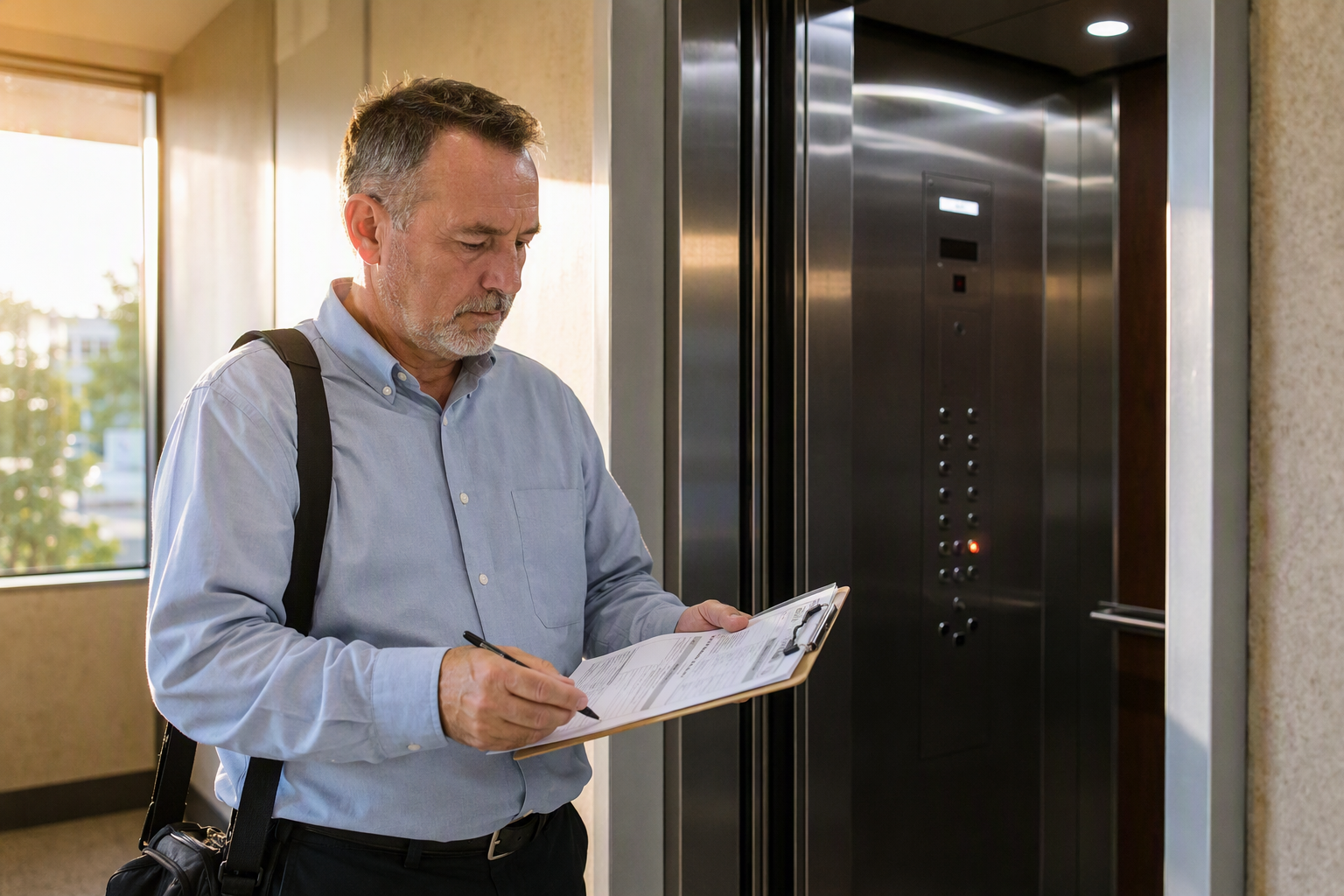 Florida DBPR-authorized elevator inspector reviewing inspection checklist outside an elevator cab in a Sarasota FL office building before returning the unit to service after repair