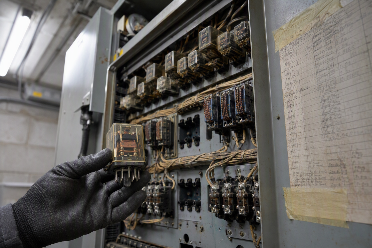 Close-up of an obsolete relay-logic elevator controller in a Florida machine room with a missing discontinued component — a clear sign elevator modernization is needed over simple repair