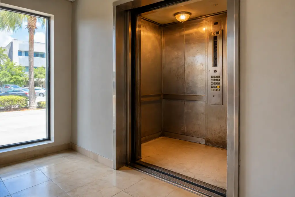Aging elevator cab interior in a Pompano Beach FL commercial building showing worn fixtures, outdated controls, and a visible floor-level misalignment — key signs an elevator needs modernization