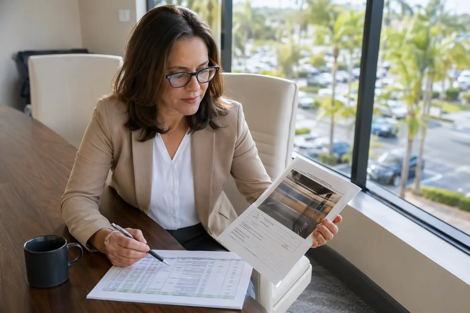 Property manager in a Pompano Beach FL office reviewing elevator inspection report and repair-versus-modernization cost comparison documents to assess elevator service needs
