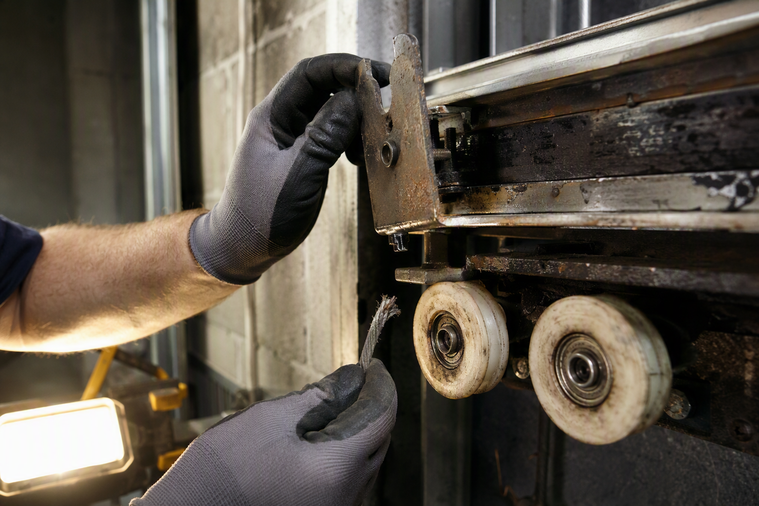 Close-up of worn elevator door operator rollers and frayed hoist cable — isolated component damage that signals elevator repair needs in a commercial building.