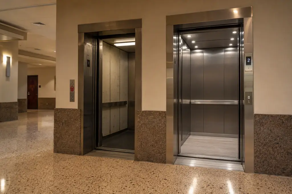 Side-by-side comparison of an aging commercial elevator cab versus a modernized cab interior in a Florida office building lobby, illustrating elevator repair vs replacement decision.