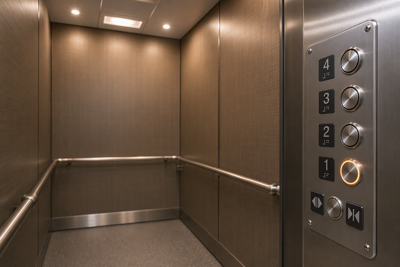 Inside a senior-accessible elevator cab showing continuous wall handrails, Braille tactile control panel buttons, and battery-backed emergency lighting fixtures meeting ADA and ASME A17.1 requirements