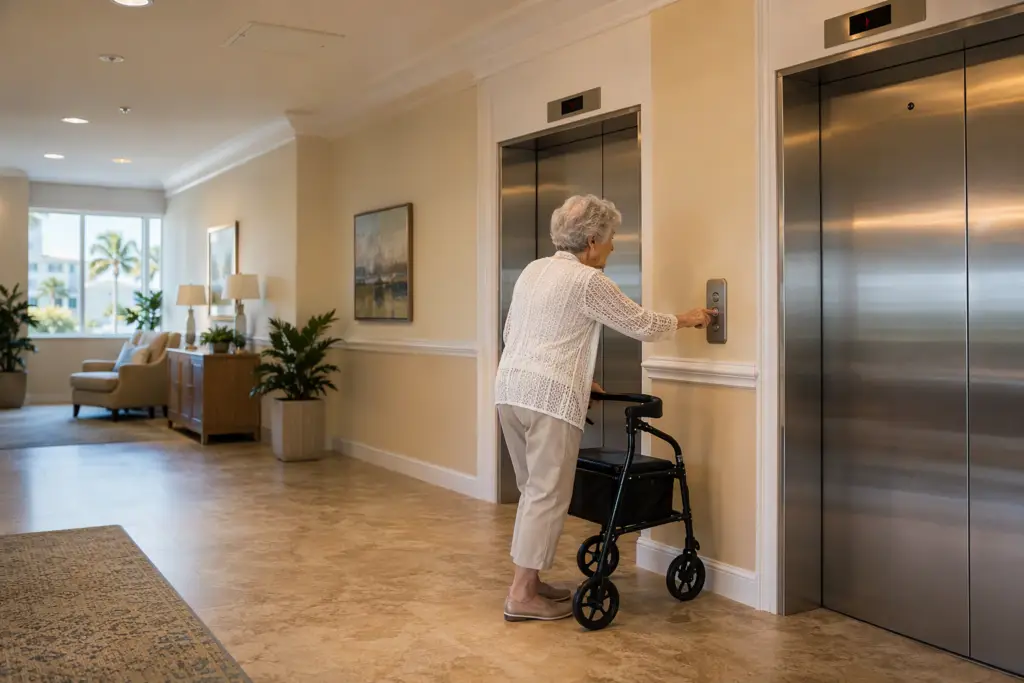 ADA-compliant elevator lobby in a Pompano Beach FL senior living facility showing Braille hall call buttons, stainless steel doors, and a resident with a walker approaching the elevator.