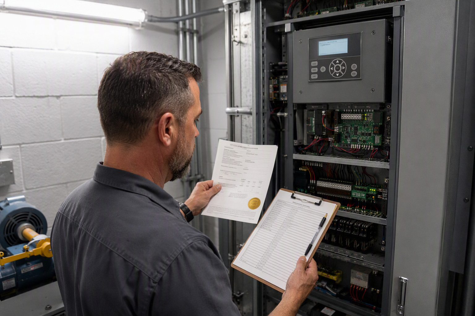 A licensed elevator inspector reviews a Florida DBPR compliance certificate and inspection checklist beside an elevator machine-room controller in a Pompano Beach senior living facility.