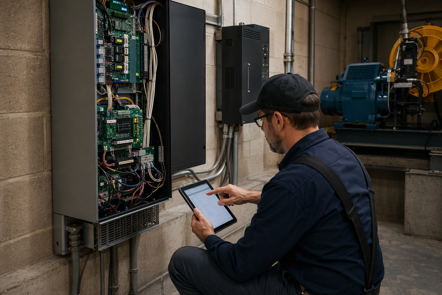Florida Elevator Code Compliance Review in Machine Room Elevator technician reviewing ASME A17.1 compliance documentation inside a Florida building machine room, relevant to code standards required by elevator companies in Sarasota and Pompano Beach FL.