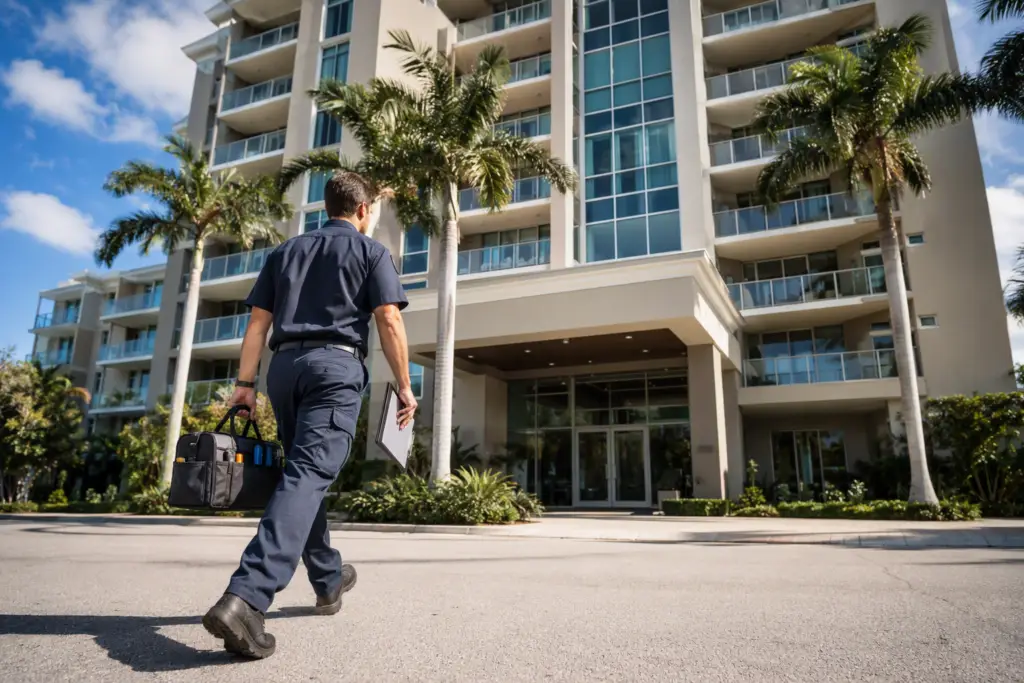 Licensed elevator service technician arriving at a mid-rise Florida condominium in Pompano Beach or Sarasota FL to perform elevator maintenance and compliance inspection.
