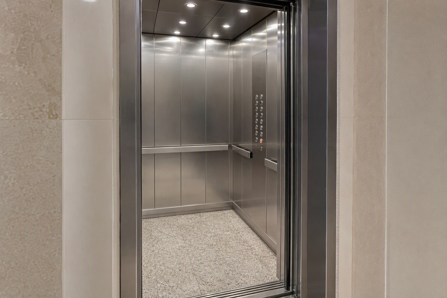 Modernized Elevator Cab Interior — Sarasota and Pompano Beach FL Modernized elevator cab interior with updated LED lighting and stainless steel finishes inside a Florida commercial building in the Pompano Beach or Sarasota area.