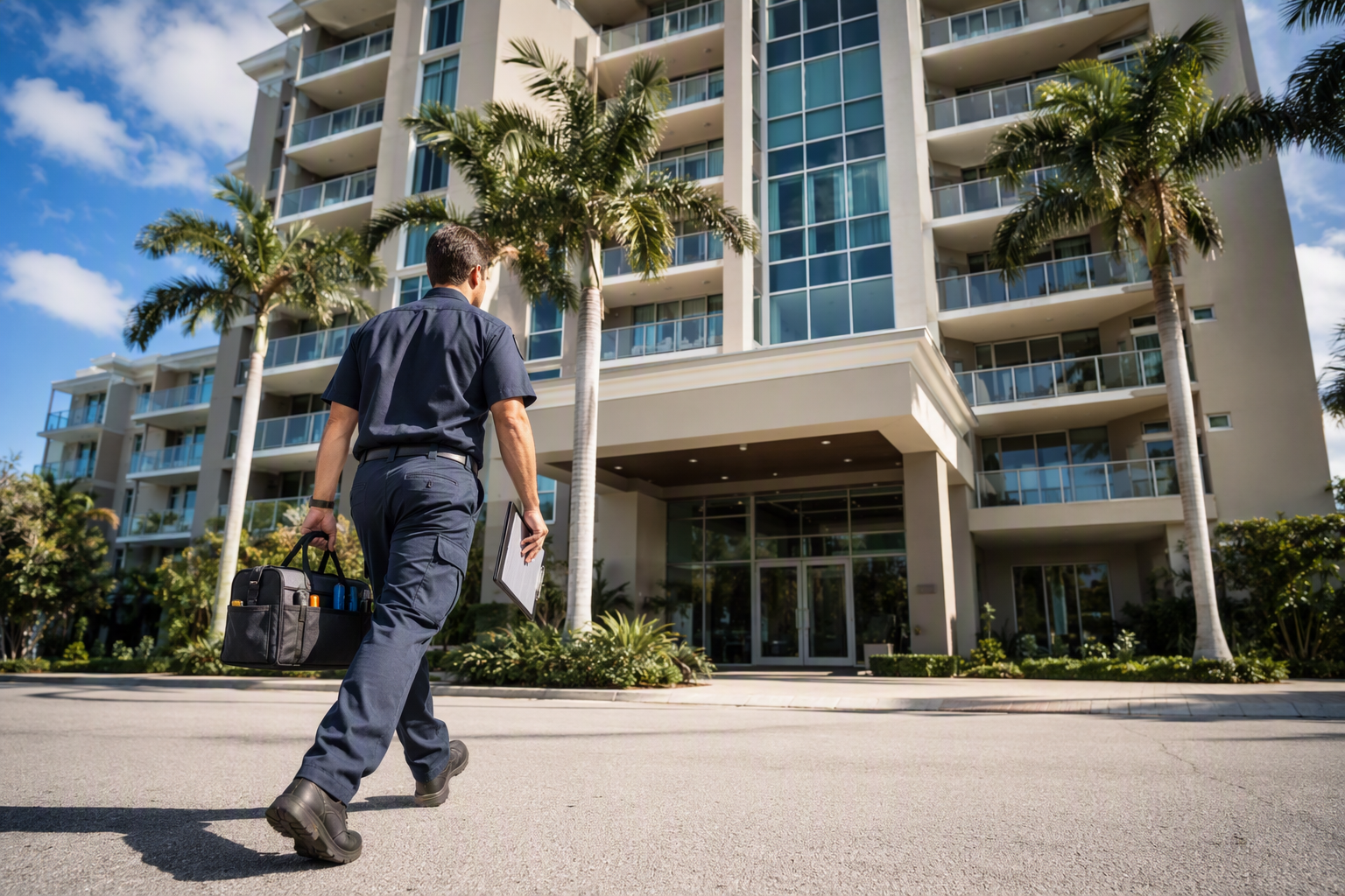 Elevator Service Company in Pompano Beach and Sarasota FL Licensed elevator service technician arriving at a mid-rise Florida condominium in Pompano Beach or Sarasota FL to perform elevator maintenance and compliance inspection.