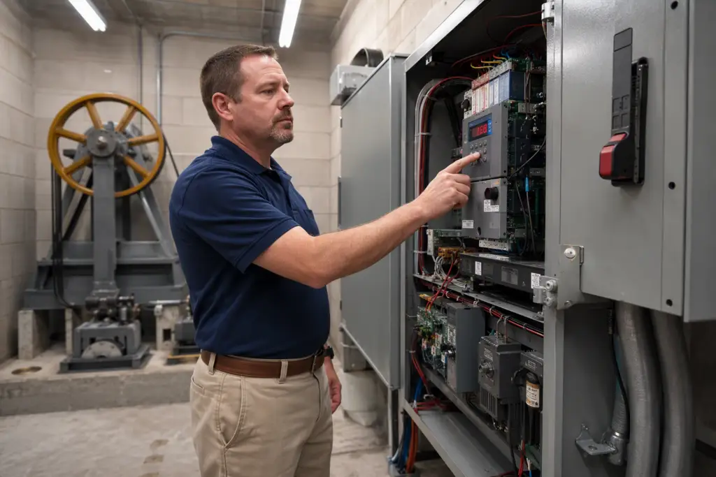 Building manager troubleshooting a common elevator problem by reading a fault code on the controller display inside a Florida commercial machine room.