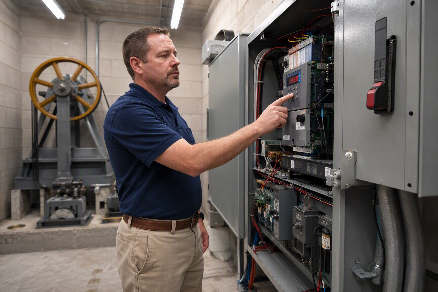 Building manager troubleshooting a common elevator problem by reading a fault code on the controller display inside a Florida commercial machine room.