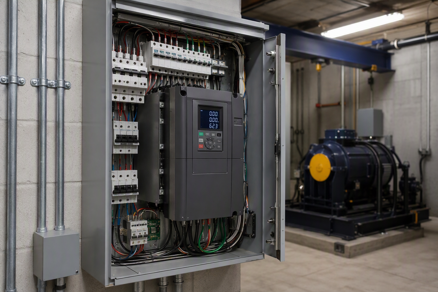 Variable frequency drive VFD controller cabinet inside a commercial building elevator machine room, an upgrade that reduces energy consumption and improves ride quality for tenants