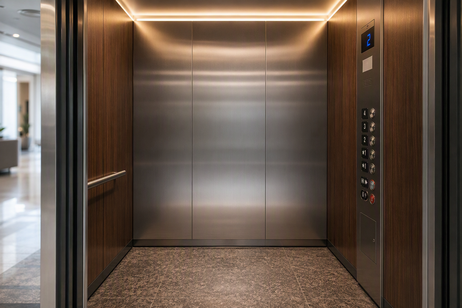 Renovated elevator cab interior with LED cove lighting, stainless steel panels, and ADA-compliant control panel buttons that improve tenant satisfaction and reduce legal liability in multifamily build