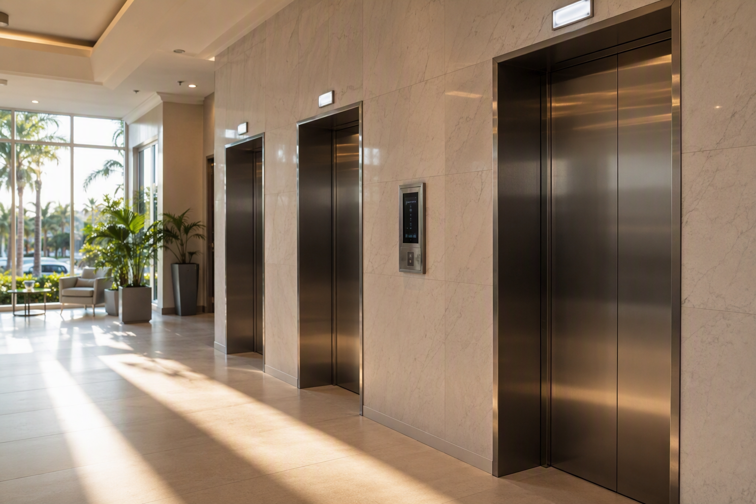 Modernized elevator lobby in a South Florida multifamily building with destination dispatch panels and stainless steel cab doors that increase property value and attract tenants